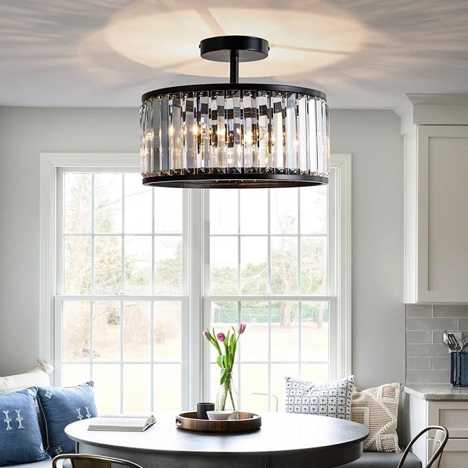 Black Crystal Ceiling Light Fixture, 3 light crystal Semi Flush Mount Ceiling