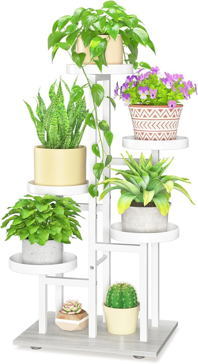 LASZOLA White 5 Tier Plant Stand Indoor Heavy Duty Rack for Modern House Planter, Metal and Wooden Vertical Organizer Decor Narrow Bathroom Floor, Sturdy Multi Level Flower Holder Raised, Cat Proof