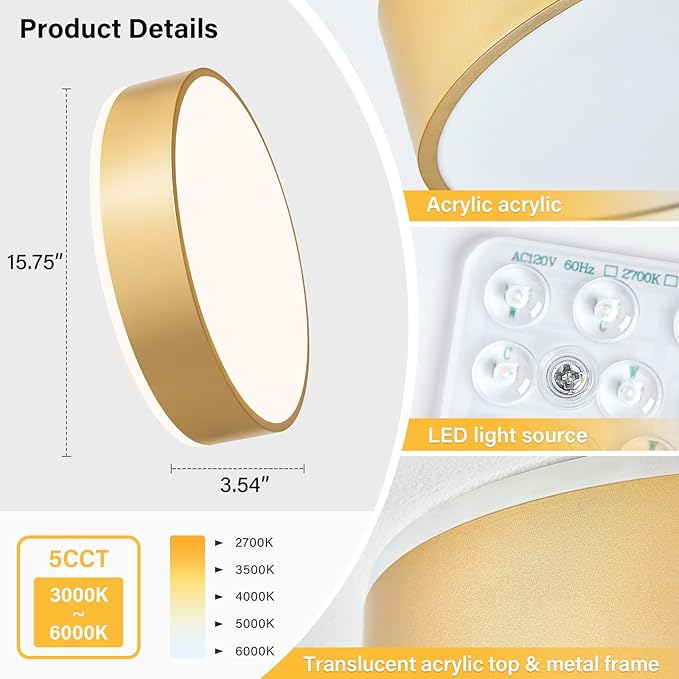 Dimmable Gold LED Large Flush Mount Ceiling Light, 5CCT 2700K-6000K Ceiling
