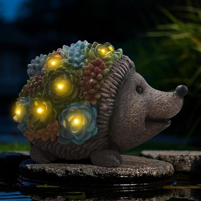 J.CARP Outdoor Solar Garden Hedgehog Statue with Succulents and 7 LED Lights, Decorations for Garden, Patio, Lawn, Outdoor Yard and Deck, Unique Housewarming Gifts