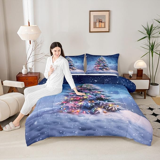 Feelyou Christmas Comforter Set All Season Xmas Tree Bedding Set with 1 Pillow Cases Colored Light Strips Microfiber Kids Twin Bedclothes Snowflake Bedroom Decor Duvet Quilt Breathable Soft