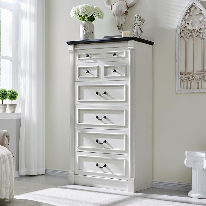 Farmhouse 7 Drawers Dresser for Bedroom, 57" Tall Dressers & Chests of Drawers w/Roman Column, Large Storage Dressers Organizer for Bedroom, Hallway, Living Room, White