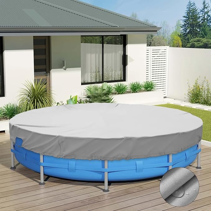 ECOOPTS 14 ft Waterproof Round Polyester Pool Cover for Above Ground Pools, Swimming Pool Cover Protector Winter Safety Cover (Light Grey)