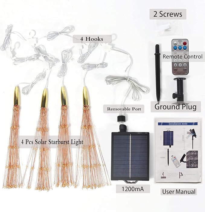 4 Pcs 800LED Solar Starburst Sphere Lights, Firework Light Remote Control Timer