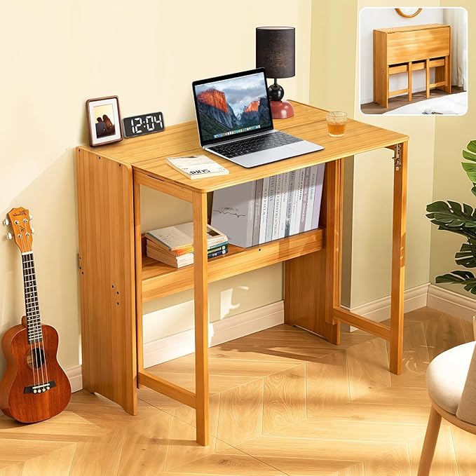 31.5" Bamboo Folding Desk,Space-Saving Computer Desk for Small Spaces, Foldable Study Table for Bedroom, Home Office, Dorm, Apartment（Natural）