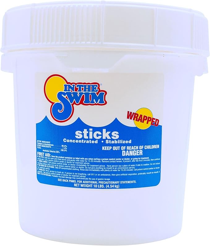 In The Swim 4 Inch Chlorine Sticks for Sanitizing Swimming Pools - Individually Wrapped, Slow Dissolving, Stabilized Chlorine Sanitizer - 90% Available Chlorine, 99% Trichlor - 10 Pounds