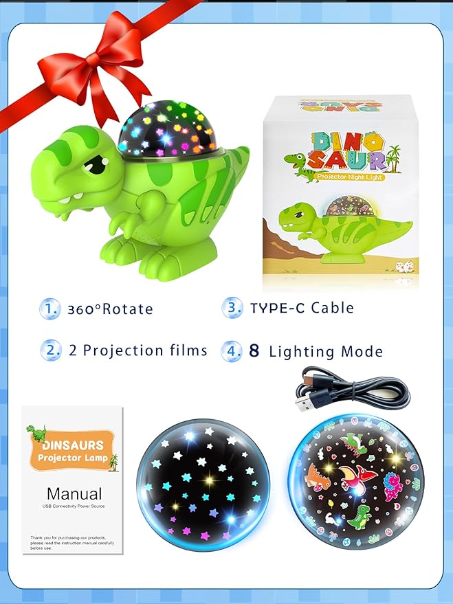 Dinosaur Night Light for Kids,Toys for 2-4 Year Old Boys,Star Projector 360°Degree Rotation, 9 Lighting Color Modes,Birthday Gift Decorations, Stars for Ceiling Projector for Bedroom Decor