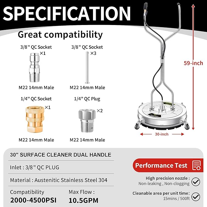 30" Pressure Washer Surface Cleaner Max with 4 Wheels, Stainless Steel Commercial Surface Cleaner for Pressure Washer, Dual Handle Power Washer Surface Cleaner for Concrete Driveway, 4500 PSI