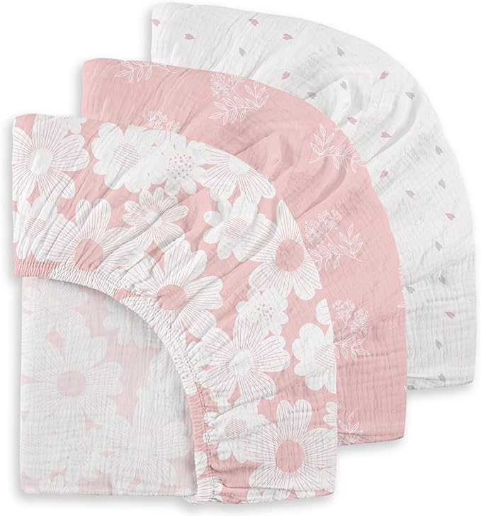 Gllquen Baby Muslin Mini Crib Sheets 3 Pack, Breathable Pack and Play Sheets Fitted Soft Cozy Cotton Pack N Play Sheets for Baby Boy Girls, Universal Fitted Mini Crib Mattresses 38"x26" (Pink)