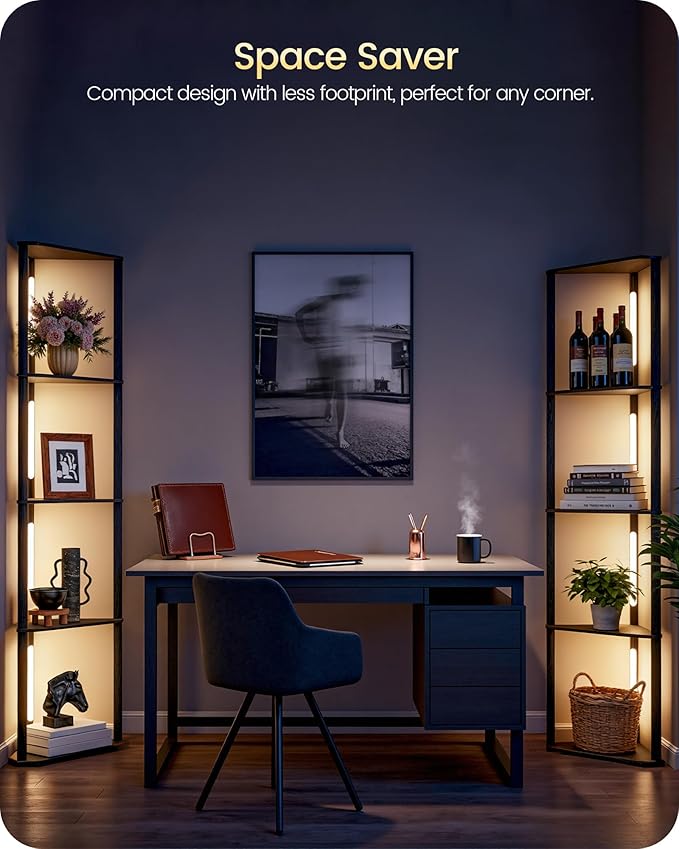 63.4” Display Shelf with Light, Modern Corner Floor Lampe with Shelves