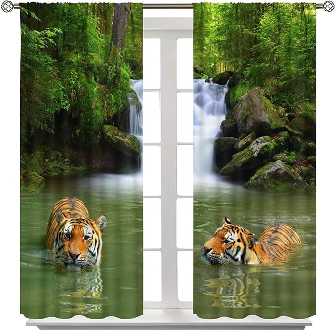 Forest Waterfall Landscape Blackout Window Curtains, Animals Tigers Waterfall Woodland Natural Window Drapes, for Living Room Bedroom 42" W X 45" L