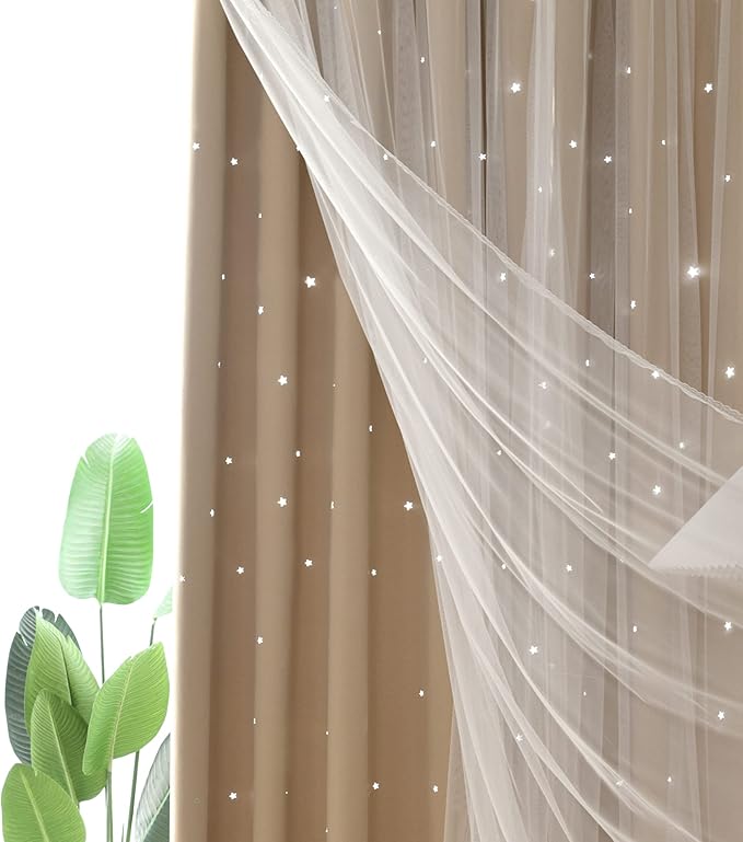 Kinryb Kids Blackout Curtains for Bedroom/Living Room/Classroom, Sheer Overlay 2 Panel Set, Double Layer Curtains with Star Cutout for Kids Room(Each Piece W 70 x L 72 Inches 2 Pcs Beige)