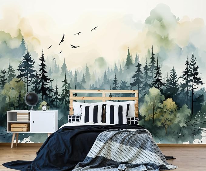 Green Watercolor Forest Wallpaper Woodland Nature Landscape Wall Mural for Living Room Bedroom Dining Room Office(Not Self-Adhesive)