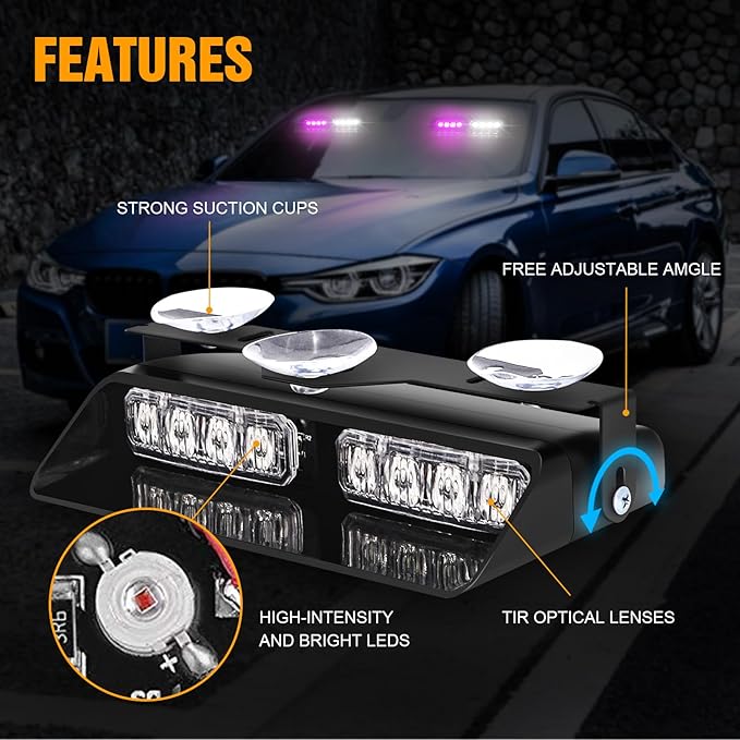XRIDONSEN 2 in 1 Emergency Dash Strobe Lights Purple White Interior Front/Rear