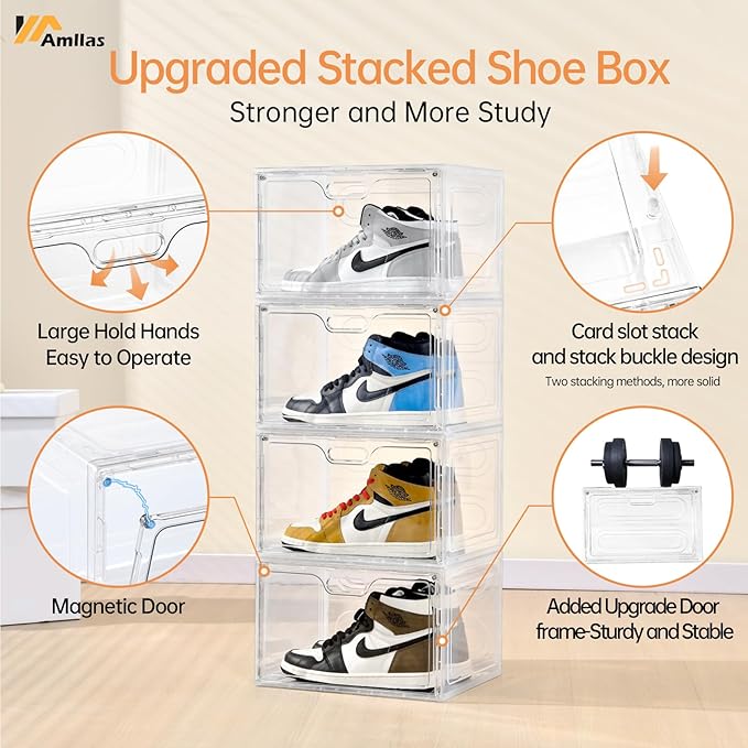8 Pack Shoe Boxes Clear Plastic Stackable, Large Shoe Storage Organizer