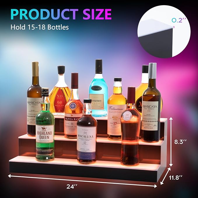 Led Lighted Liquor Bottle Display Shelf, 24 Inch 3 Tier Whiskey Rack, Support
