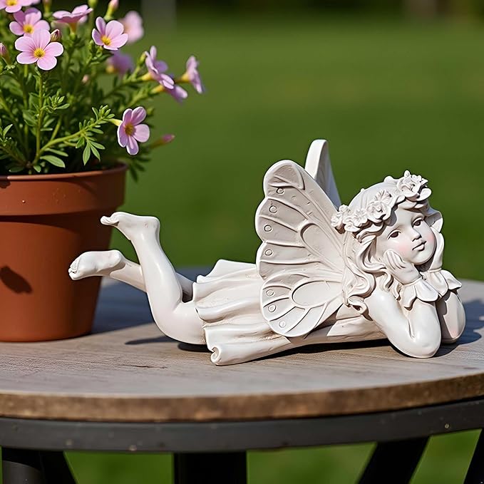 Lying Fairy Garden Statue – Resin Outdoor Fairy Figurine for Yard or Patio, Garden Angel Decor for Outside, Whimsical Fairy Ornament 9.84” L