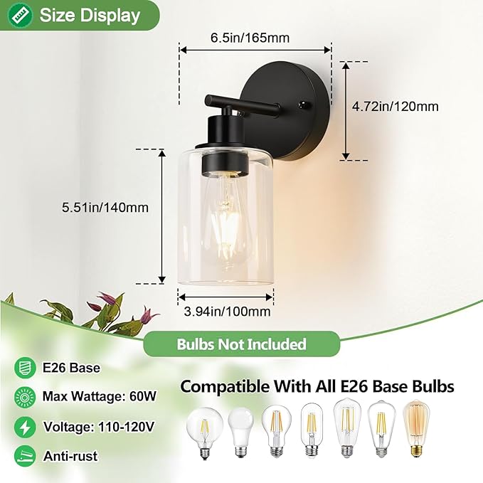 Set of 2 Wall Sconces for Bathroom, Bathroom Wall Lamp for Mirror Kitchen