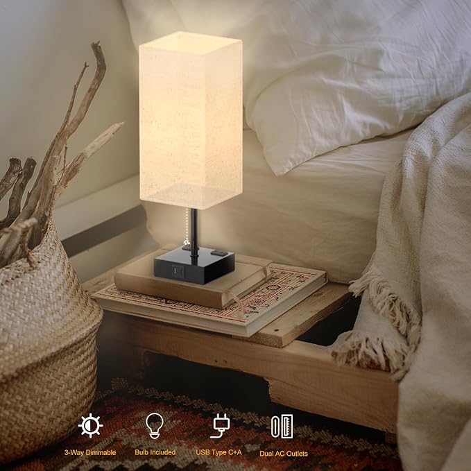 Table Lamp for Bedroom with USB, Bedside Lamp with USB C+A Charging Ports