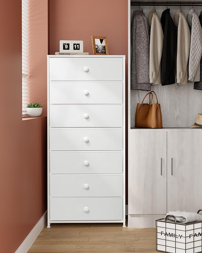 Crestlive Products Tall Dresser, 7-Drawer Wide Fabirc Storage Tower, Chests of Drawers - Vertical Organizer Unit for Bedroom, Hallway, Entryway, Nursery, Wood Top, Closets with Handles (White)