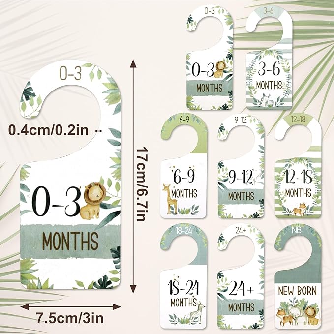 Whaline 8Pcs Baby Closet Size Dividers Watercolor Jungle Animals Hanging Wooden Baby Closet Organizer Double-Sided Newborn to 24 Months Thicken Baby Wardrobe Organizer