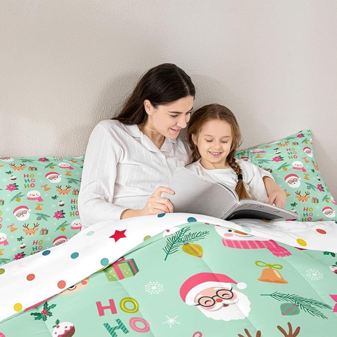 Feelyou Christmas Decor Bedding Set Soft for Boys Girls, Happy New Year Comforter Set King Size Santa Claus Duvet Quilt Microfiber Bedroom Decor 3 Pcs with 2 Pillow Cases