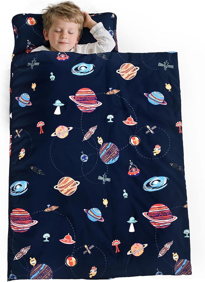 PHF Space Toddler Nap Mat Set, with Removable Pillow for Toddler Boys Girls, Soft and Lightweight for Daycare, Preschool, Travel, Kindergarten Sleeping Bag, Fits Ages 3-6 Years, Space