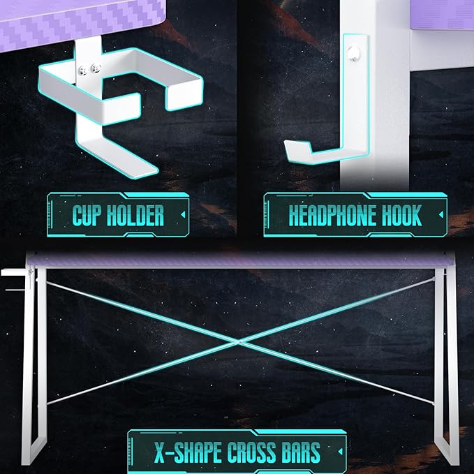 Gaming Desk with Hutch and LED Lights, Gaming Computer Desk with Power Outlets, Gamer Desk with Storage Shelves, PC Gamings Desk with Pegboards for Bedroom, Carbon Fiber Purple, 49"