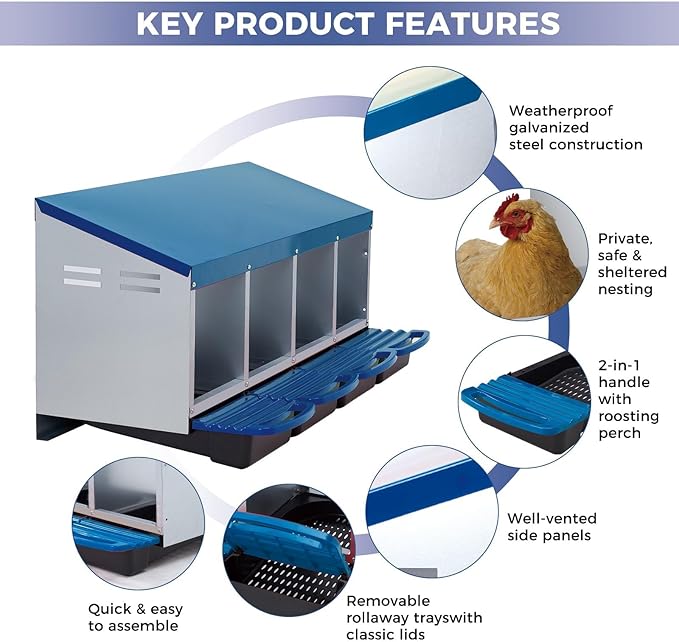 Chicken Nesting Boxes, Metal Rollaway Chicken Nest Box with Rollout Egg Collection, Removable Tray & Nesting Pads, Egg Laying Box for Chicken Coop Hens, Wall Mount or Standing, 4 Compartments, Blue