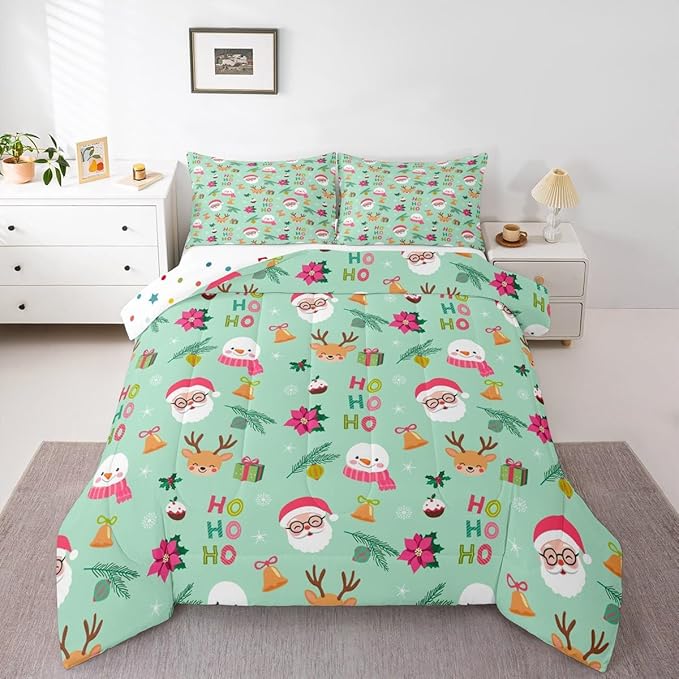 Feelyou Christmas Decor Bedding Set Soft for Boys Girls, Happy New Year Comforter Set Twin Size Santa Claus Duvet Quilt Microfiber Bedroom Decor 2 Pcs with 1 Pillow Cases