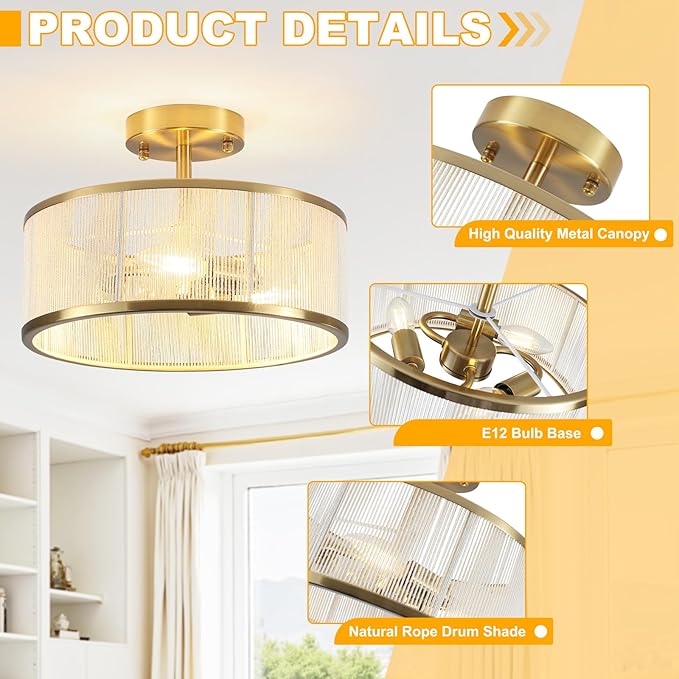 Modern Semi Flush Mount Ceiling Light, 3 Light Gold Ceiling Light