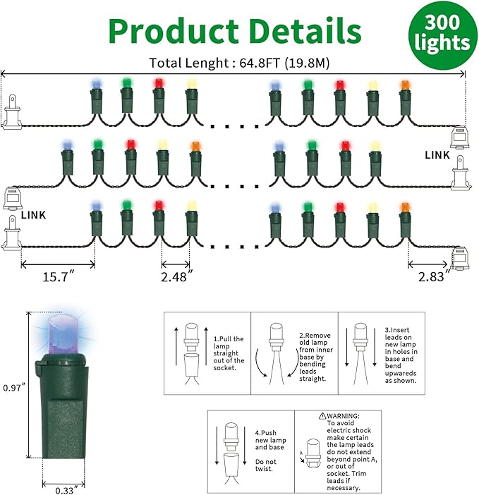 LAMPHOME Multicolor Wide Angle LED Christmas Lights, 64.8 Ft 300 Count