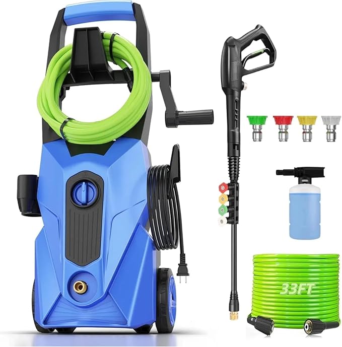 Pressure Cleaner 5000 PSI 2.8 GPM High Power Cleaners with 33ft Pressure Hose, 4 Nozzle and Foam Cannon, for Home, Cars, Fences, Patio (Blue)