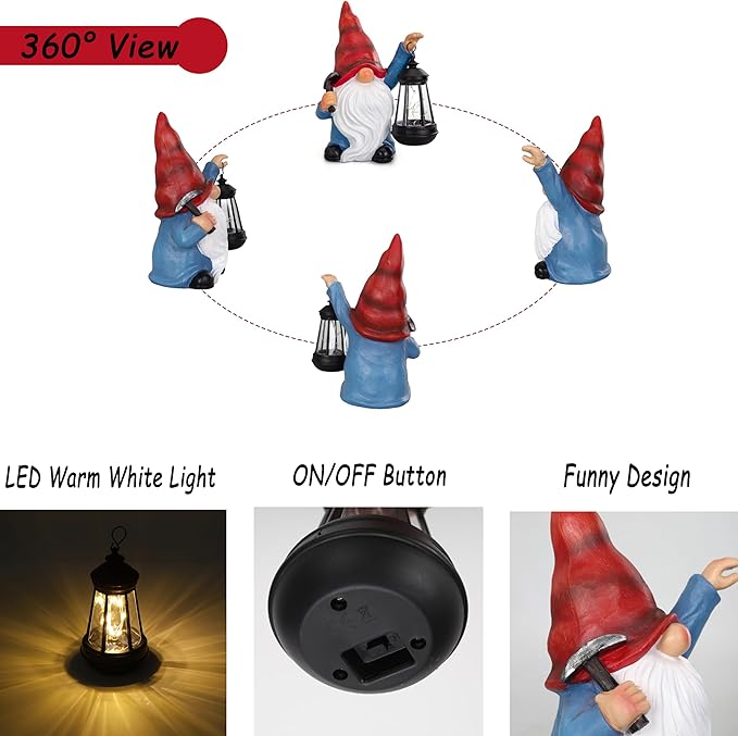Garden Gnome Outdoor Decoration with Hammer Solar Gnomes Figurines with Lantern LED Lights Yard Lawn Patio Porch Decoration Gift for Woman Mother's Day Birthday Housewarming Gifts