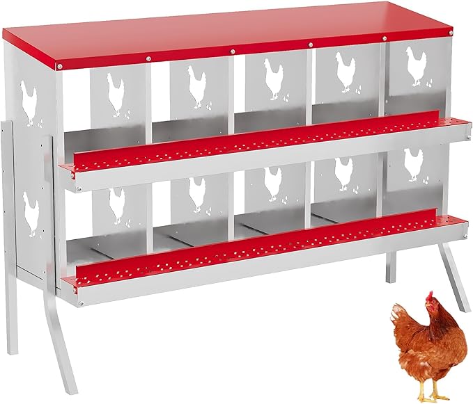 Heavy Duty 10 Compartment Metal Chicken Nesting Box – Roll Away Egg Tray, Rustproof Ventilated Laying Box, Easy-Clean Egg System – Red, 10 Grids (Without Bracket)