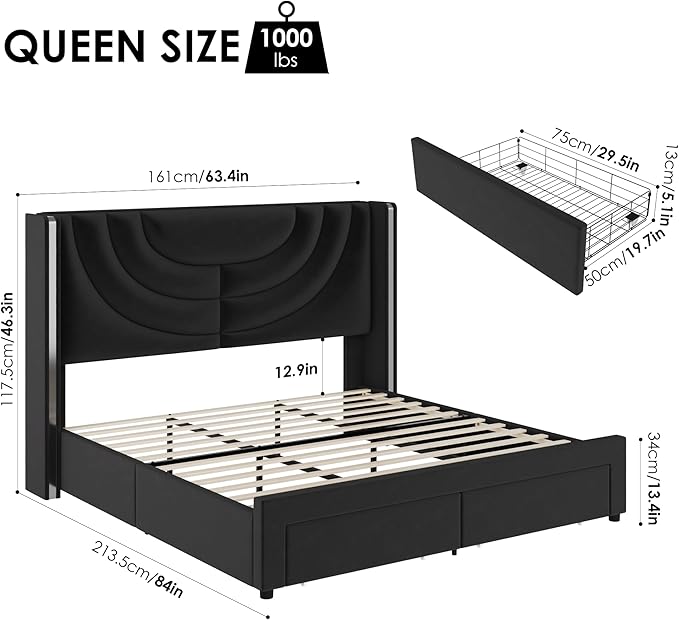 HITHOS Queen Upholstered LED Bed Frame with 2 Storage Drawers, Velvet Platform Bed with Wingback Headboard, Solid Wooden Slats Support, No Box Spring Needed, Headboard Splicing Design, Black