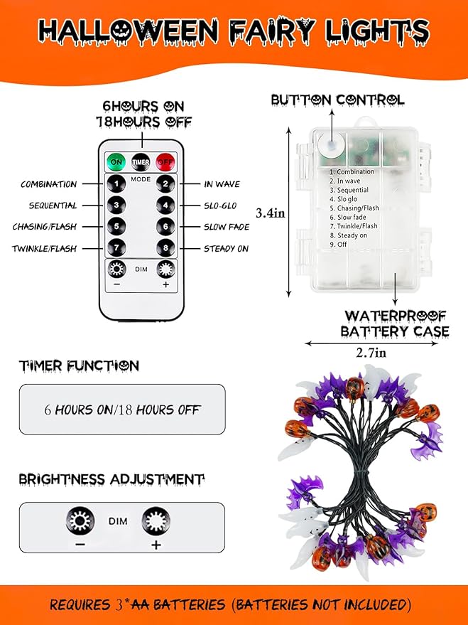 Halloween String Lights, 3D Pumpkin Bat Ghost Fairy Lights Battery Operated