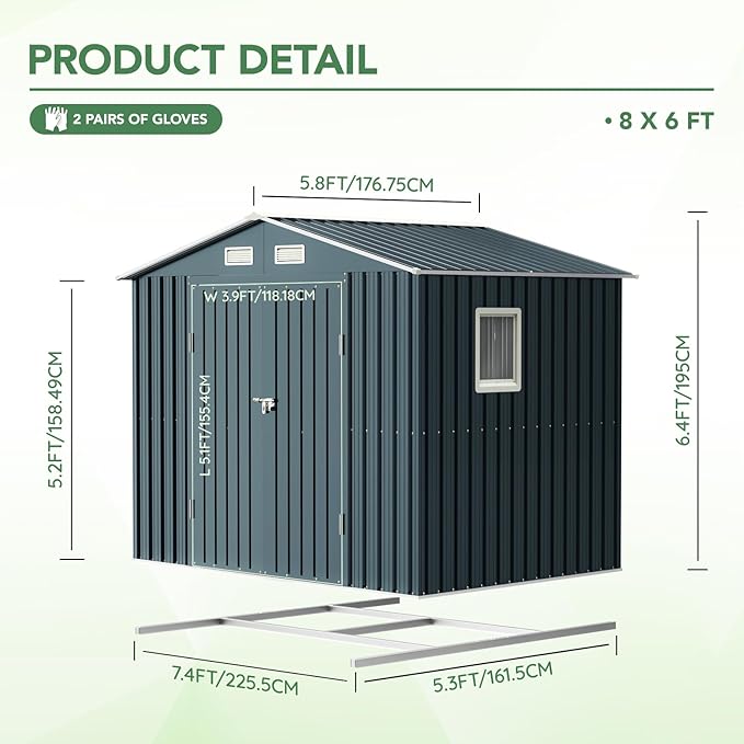 Breezz 6x8FT Outdoor Steel Storage Shed with Frame Floor,Clear Window, Lockable Doors, Weather-Resistant Metal Tool Shed for Garden, Backyard, Patio, and Utility Storage