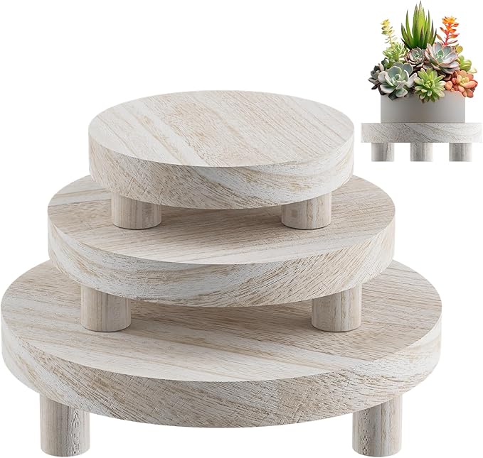 3 Pcs Wood Plant Stand Indoor Outdoor, Round Wood Riser for Decor 6/8/10" Wooden Stool Display Stand Flower Pot Holder Small Planter Tray Modern Potter Decorative for Desktop Counter Room