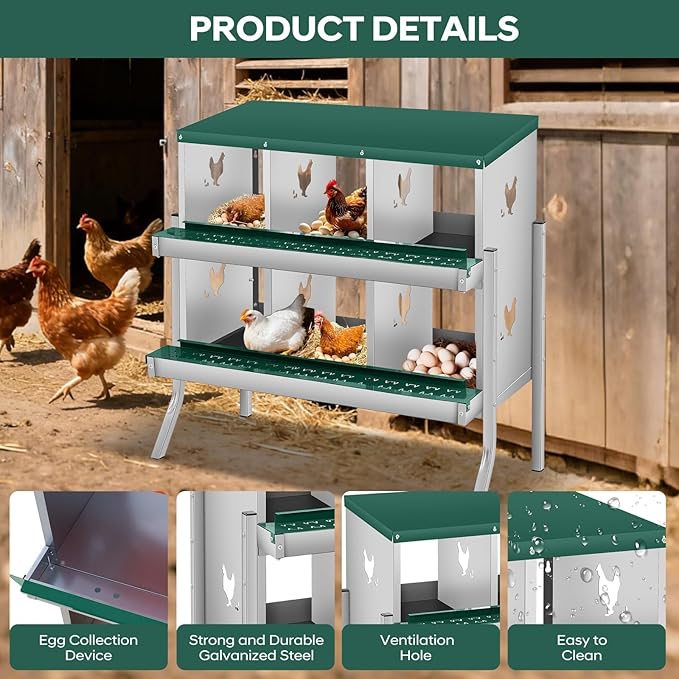 Nesting Boxes for Chickens, 6 Compartments, Nesting Boxes with 4 Dummy Eggs and 10 Dampproof Pets Mats, Green, Stainless Steel, Wall-Mountable & Roll Away Design with Stand