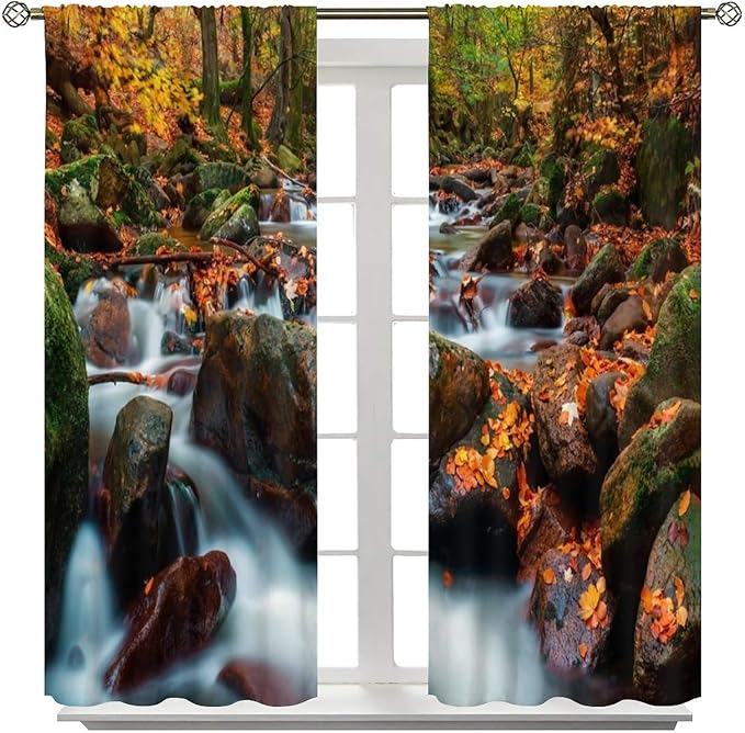 Autumn Waterfall Blackout Windows Curtains, Nature Autumn Forest Farmhouse Window Drapes, for Living Room Bedroom 42" W X 54" L