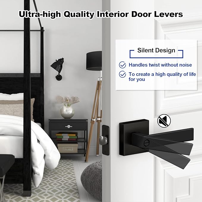 Estmoon 6 Pack Matte Black Door Handle, Keyless Interior Door Knobs Square
