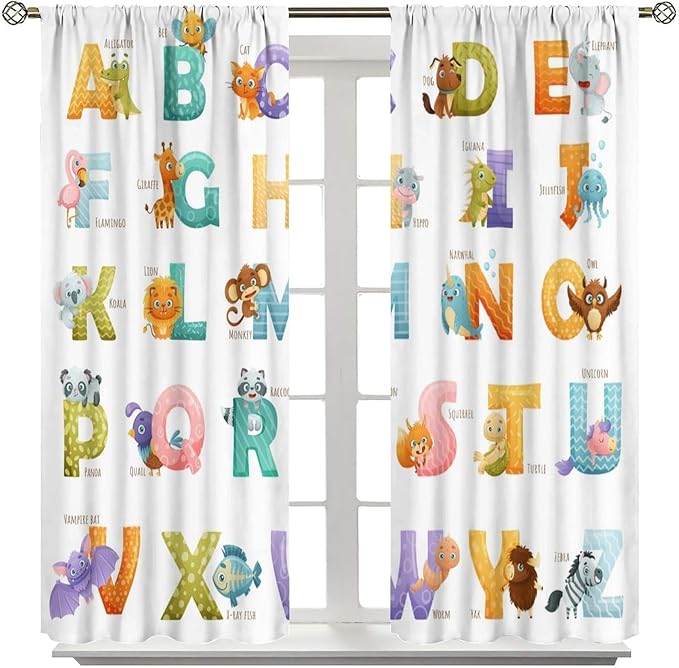 Kids Alphabet Curtains Educational Baby Cartoon Animals Colorful Cute Curtain with Rod Pocket for Nursery Living Room Home Decor Drapes Window Treatments 2 Panels Set 84x84in