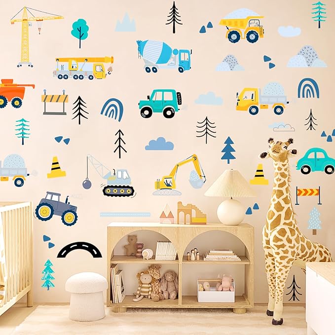 AOWDIAO Construction Vehicle Wall Decals – 90Pcs Reusable Peel and Stick Vinyl Stickers for Kids’ Room, Nursery & Playroom – Removable Truck Decoration for Boys & Toddlers