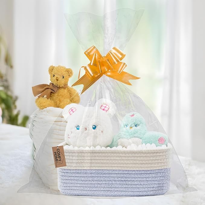 COMFY-HOMI 13" x 8.5" x 5.1" Storage Baskets for Organizing | Cotton Rope Woven Basket | Toy Storage Bin Box | Basket for Shelves, Closet Organizer Bin, Decorative Closet Shelf, 3 Pack, white/bule