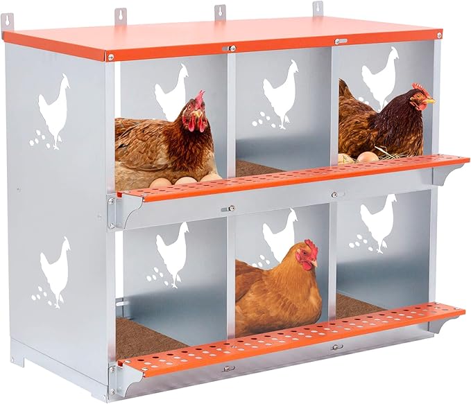 Chicken Nesting Boxes, 6 Rooms Hens Nest Box, Metal Poultry Nest Box Wall Mount for Chickens Egg Laying Box Collection Vented Holes Chicken Coop Cages Equipment, Orange (6 Rooms)