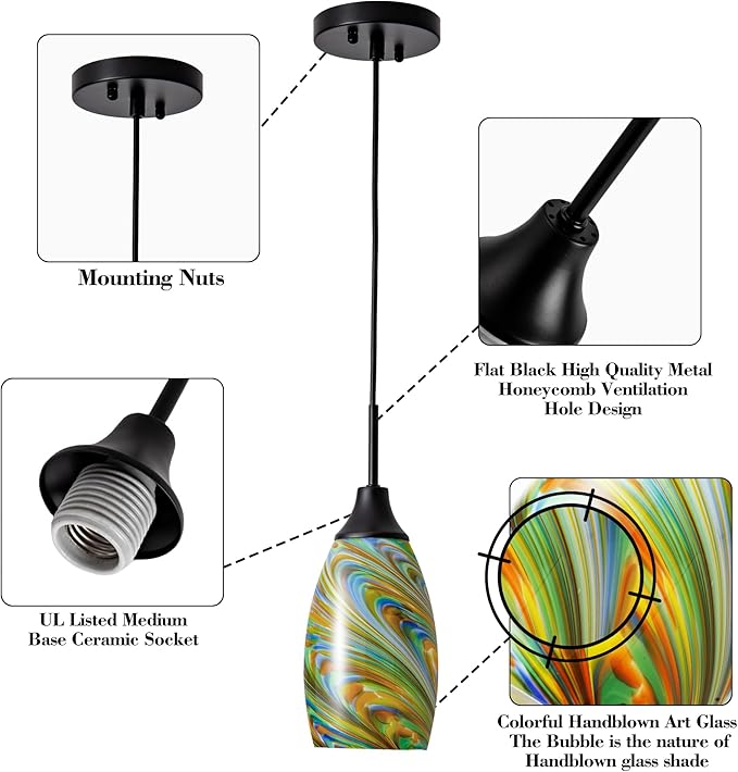 Mini Glass Pendant Light 4.72" Colorful Pattern Oval Pendant Lights 1-Pack