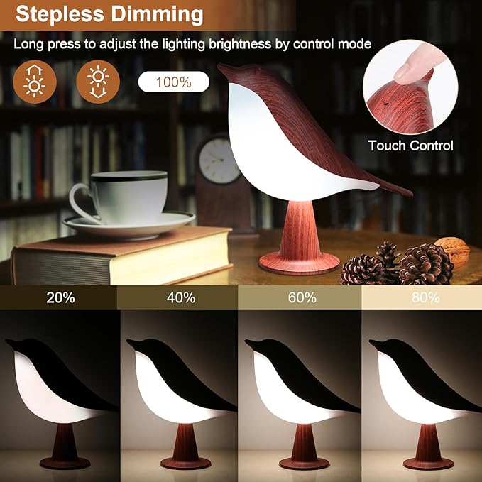 VoMii Bird Table Lamp, Small Desk Lamp Cordless Touch Dimmable Night Light