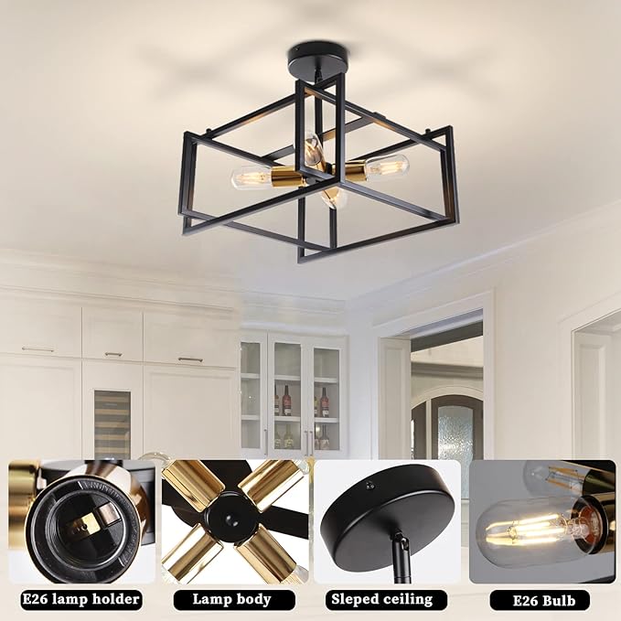 HuisMier Industrial Semi Flush Mount Ceiling Light, 4-Light Farmhouse Ceiling