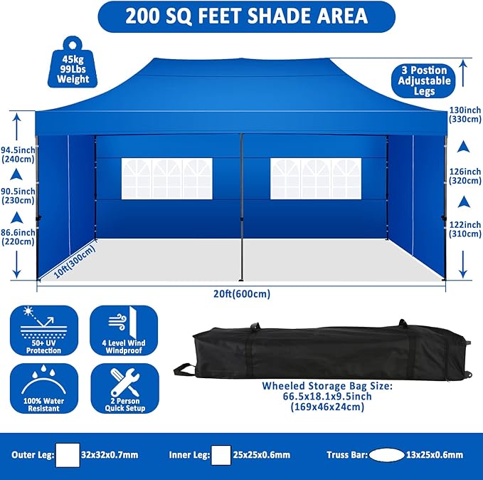 COBIZI 10x20 Pop Up Canopy with 6 Sidewall,Heavy Duty Canopy UPF 50+ All Season Wind Waterproof Commercial Outdoor Wedding Party Tents for Parties Gazebo with Roller Bag(10 x 20 ft Blue)